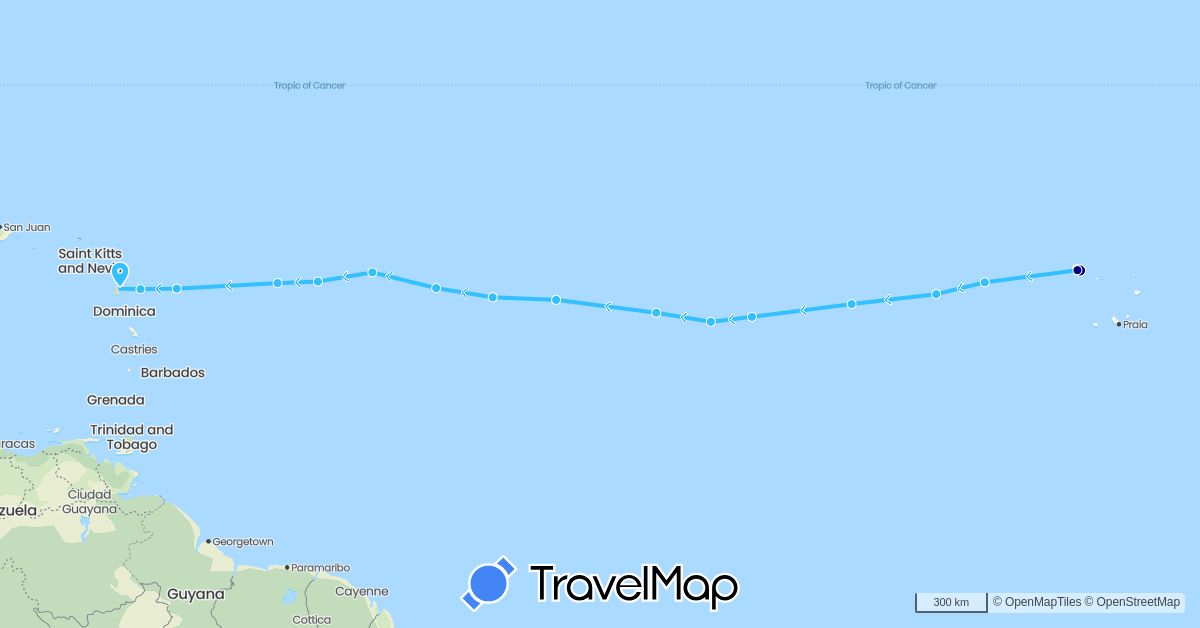 TravelMap itinerary: driving, boat in Cape Verde, France (Africa, Europe)
